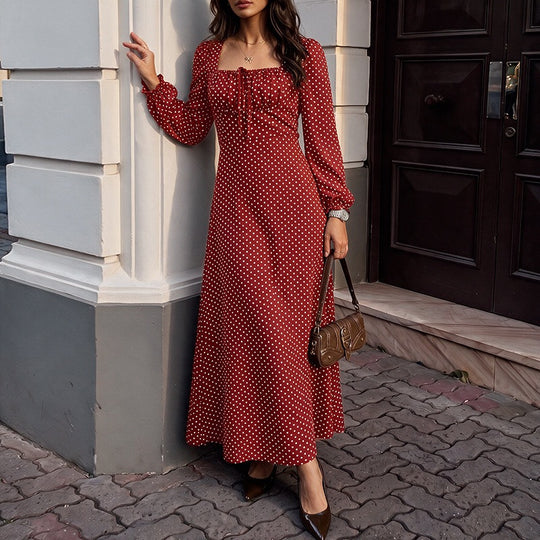 Damen Retro-Maxikleid mit quadratischem Ausschnitt, geraffter Brustpartie und langen Ärmeln Shop Nory