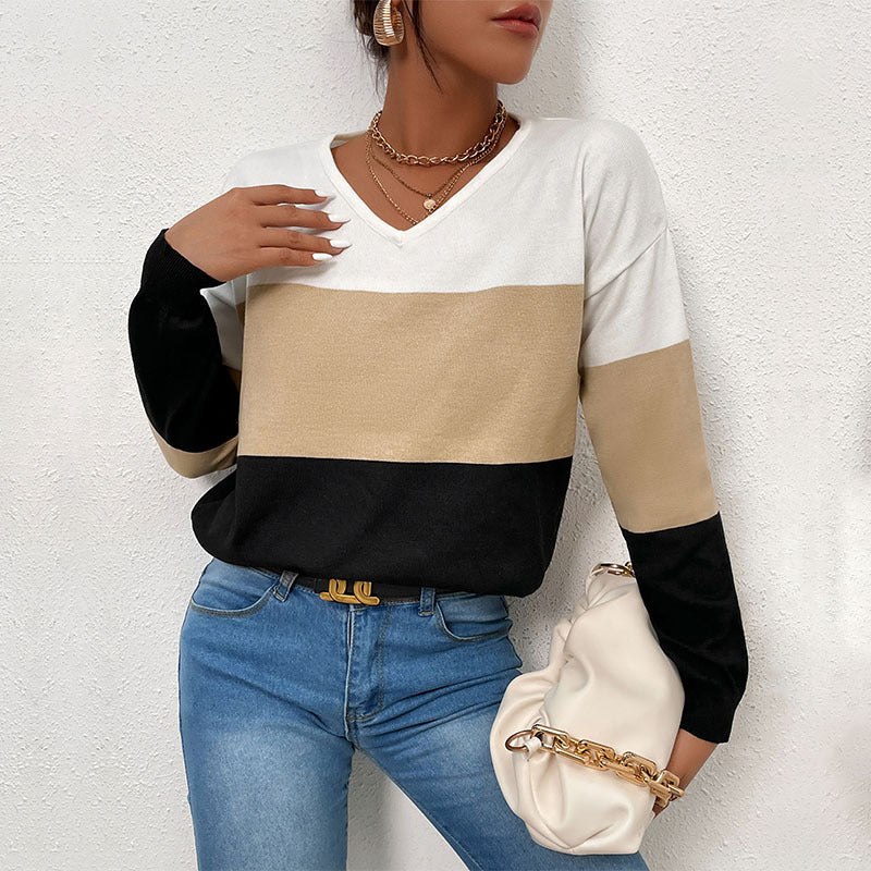 Damen Eleganter V‑Ausschnitt Feinstrickpullover mit breiten Blockstreifen Shop Nory