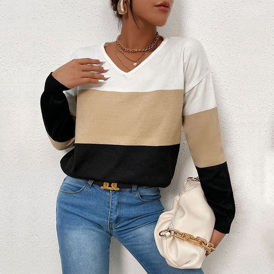 Damen Eleganter V‑Ausschnitt Feinstrickpullover mit breiten Blockstreifen Shop Nory