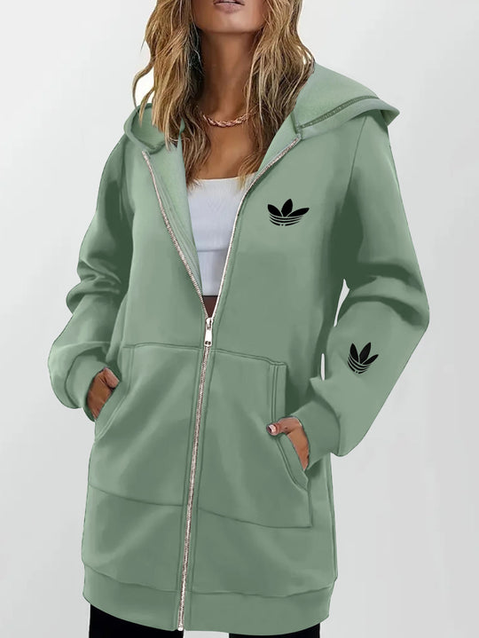 Damen Lange Kapuzen-Sweatjacke mit Metallreißverschluss, Kängurutaschen und figurumspielender Silhouette Shop Nory