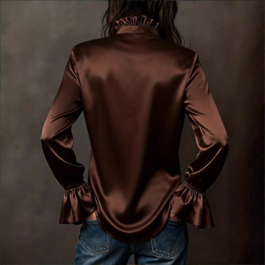 Damen Seidenglänzende Satinbluse mit Stehkragen, Knopfleiste und Volantärmel Shop Nory