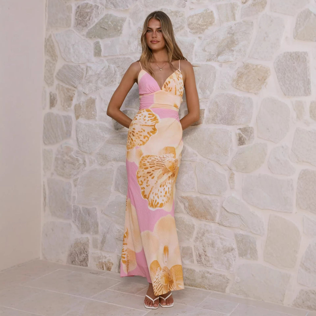 Damen Maxikleid mit floralem Design und raffinierten Rüschendetails