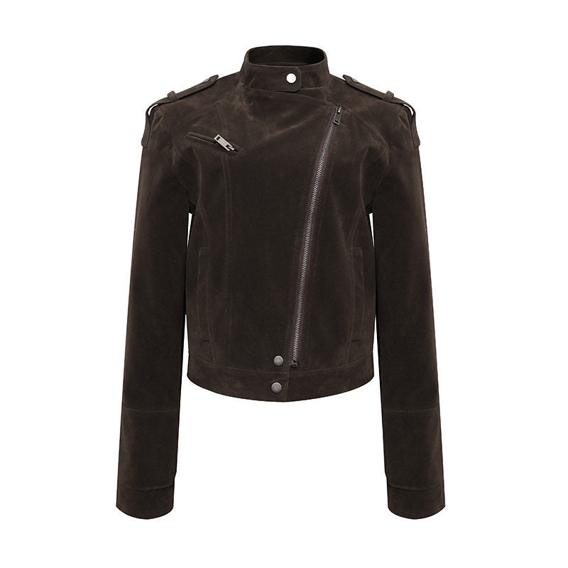 Damen Kurze Veloursleder-Bikerjacke mit asymmetrischem Reißverschluss und Stehkragen Shop Nory