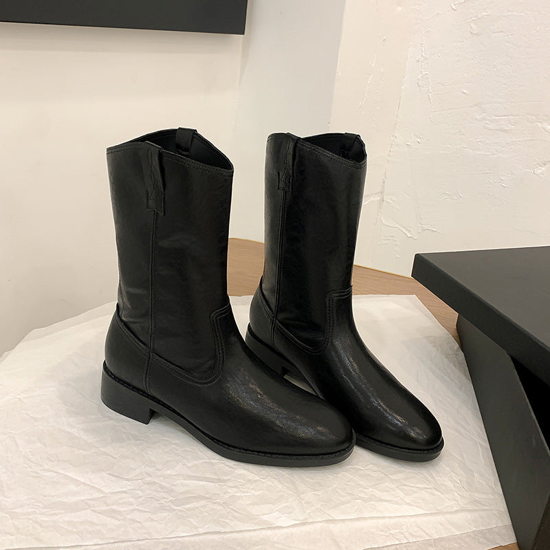 Damen Mid-Calf Western-Stiefel aus Glattleder mit niedriger Blockabsatz Shop Nory