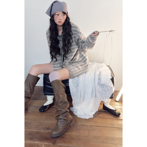 Damen Gestreifte Strickjacke mit Kapuze, durchgehender Knopfleiste und aufgesetzten Taschen Shop Nory