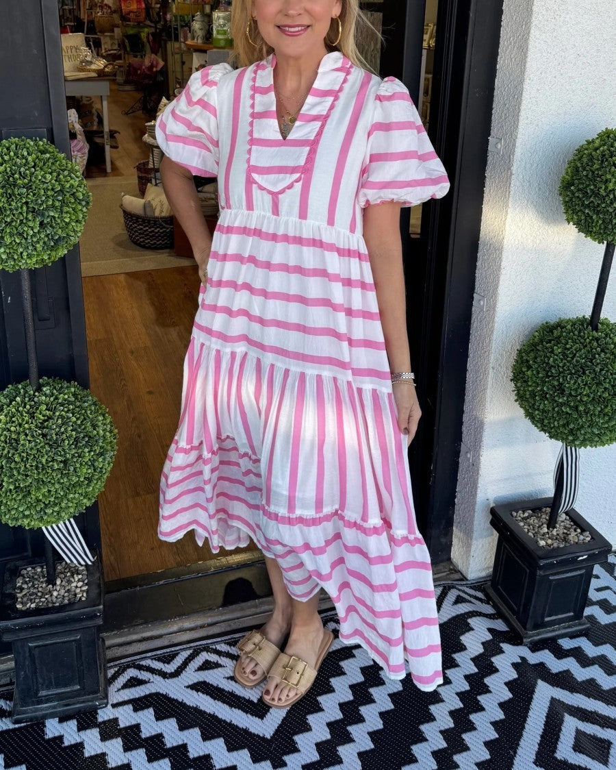 Damen Gestreiftes Maxi-Kleid mit Stufenrock, Rüschenblende und Puffärmeln Shop Nory