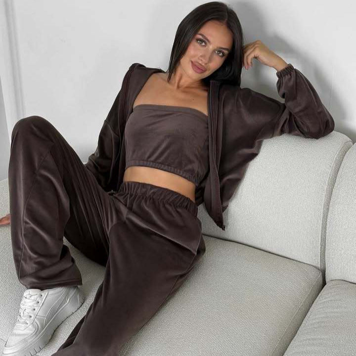 Damen Dreiteiliges Velours-Loungewear-Set mit Cropped-Top, Zip-Hoodie und weitem Palazzo-Hosenbein Shop Nory
