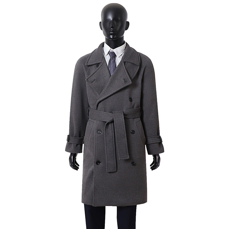 Herren Eleganter Mantel im Longcoat‑Stil aus Wollmix mit Doppelreihe, taillierendem Bindegürtel und dekorativer Schulterpasse Shop Nory