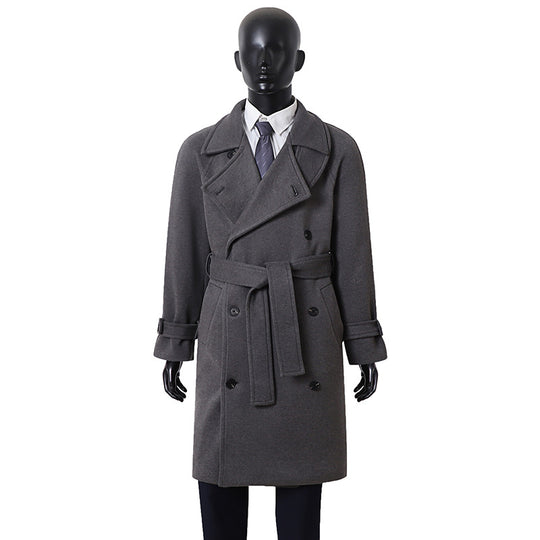 Herren Eleganter Mantel im Longcoat‑Stil aus Wollmix mit Doppelreihe, taillierendem Bindegürtel und dekorativer Schulterpasse Shop Nory