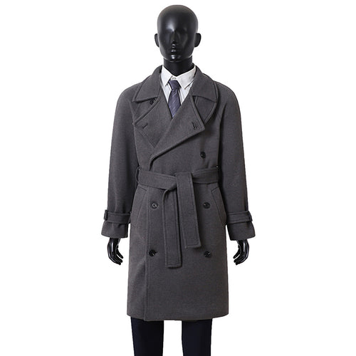 Herren Eleganter Mantel im Longcoat‑Stil aus Wollmix mit Doppelreihe, taillierendem Bindegürtel und dekorativer Schulterpasse Shop Nory