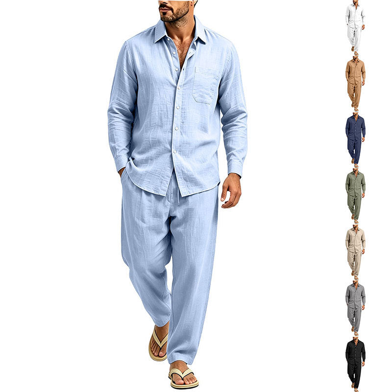 Herren Lässiges Zweiteiliges Freizeitset in Leinenoptik mit Knopfhemd und weiter Bundhose Shop Nory