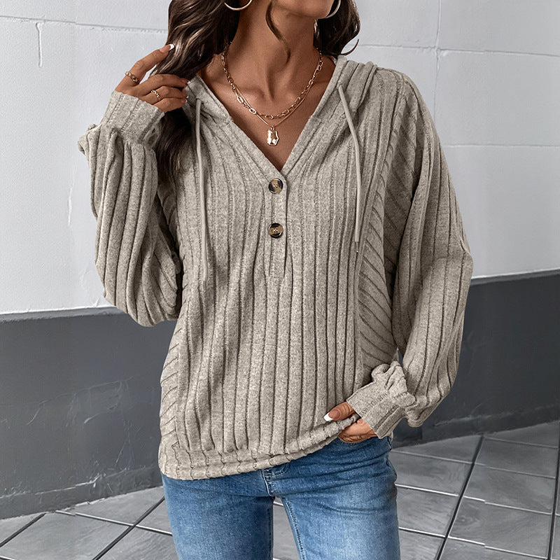 Damen Gerippter Kapuzenpullover mit V‑Ausschnitt, Knopfleiste und Oversize-Ärmeln Shop Nory