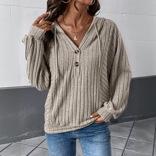 Damen Gerippter Kapuzenpullover mit V‑Ausschnitt, Knopfleiste und Oversize-Ärmeln Shop Nory