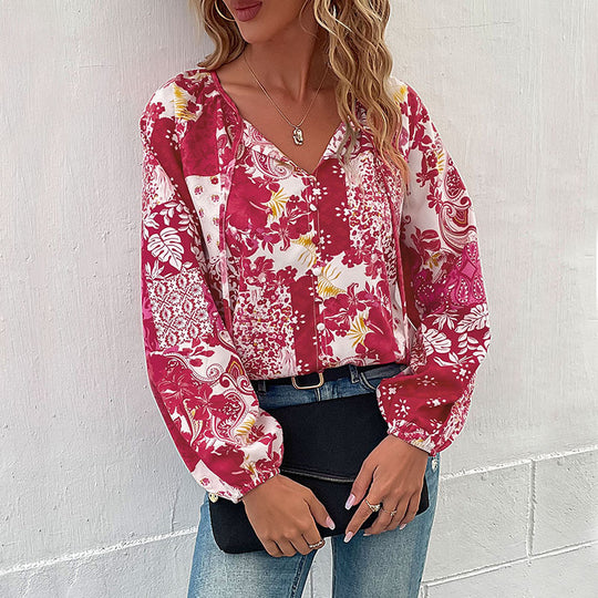 Damen Patchwork-Bluse mit V-Ausschnitt, BindShop Noryändern und Ballonärmeln Shop Nory