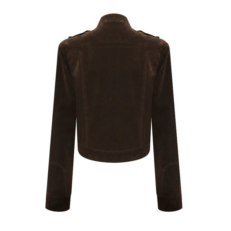 Damen Kurze Veloursleder-Bikerjacke mit asymmetrischem Reißverschluss und Stehkragen Shop Nory