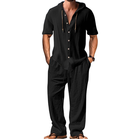 Herren nan luftiges Leinen-Lounge-Set mit kurzärmeligem Kapuzenhemd und gerader Relaxhose