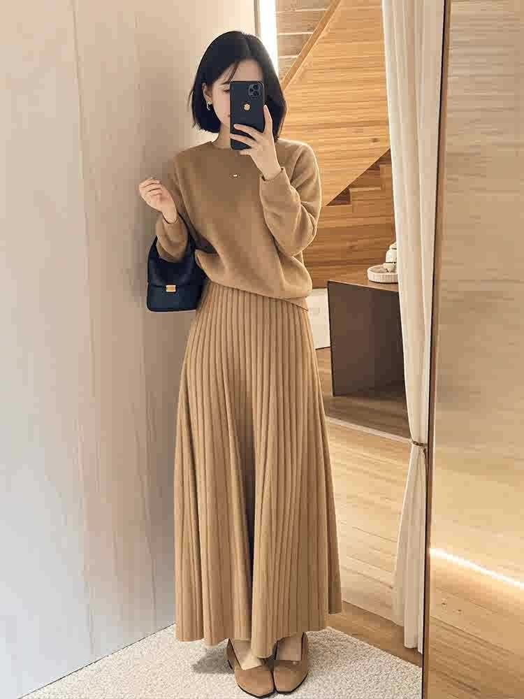 Damen Oversize-Strickpullover und plissierter Maxi-Rock Set Shop Nory