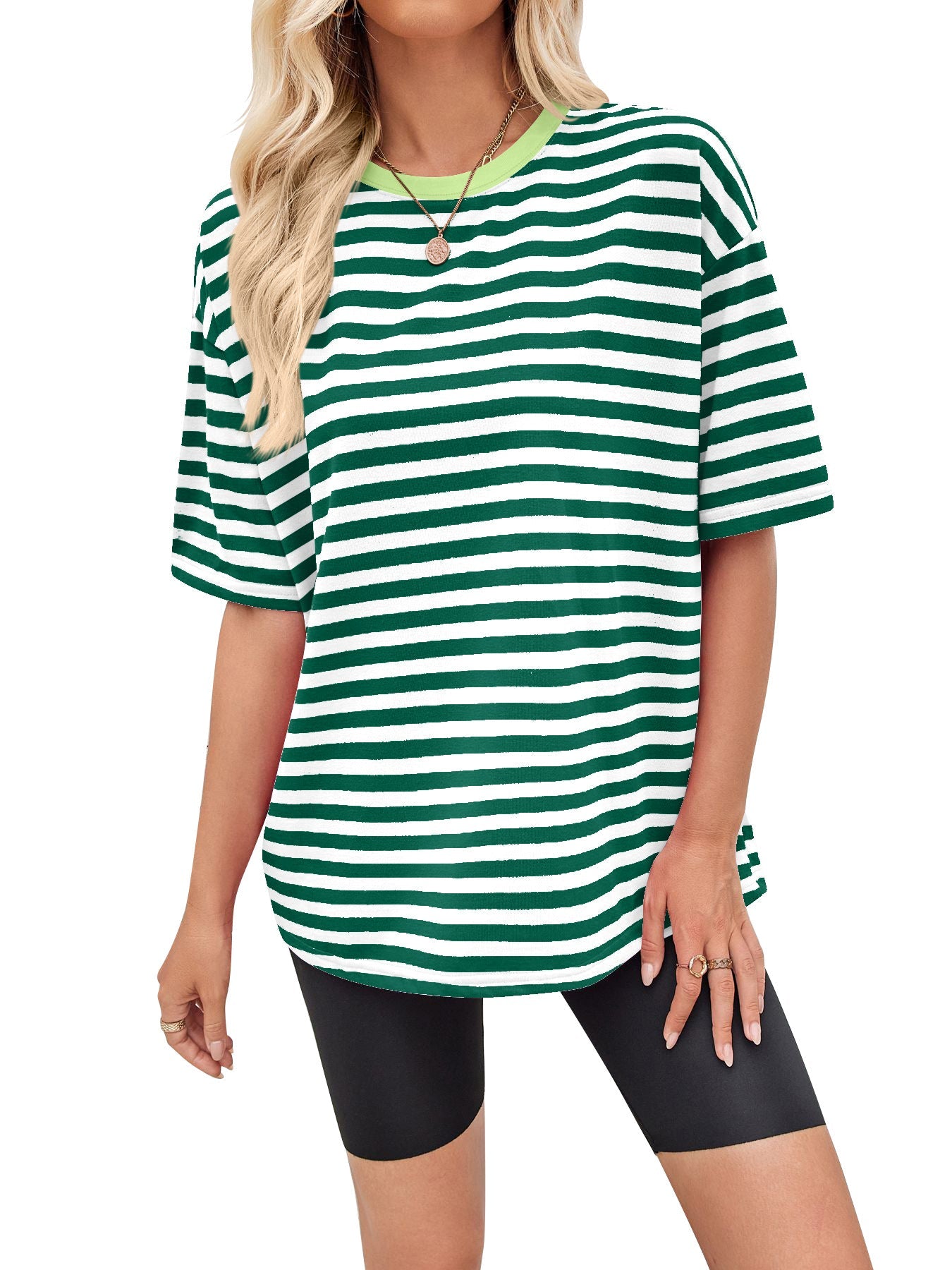 Damen gestreiftes Oversize T-Shirt mit Rundhalsausschnitt und Kontrastdetails