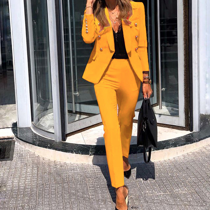 Damen taillierter Hosenanzug mit doppelreihigem Knopfblazer und schlanker Anzughose Shop Nory