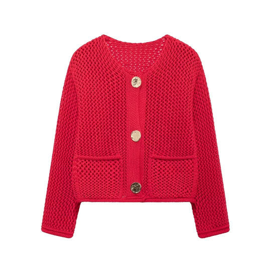 Damen Strickjacke mit offener Netz-Struktur, Zierknöpfen und aufgesetzten Taschen Shop Nory
