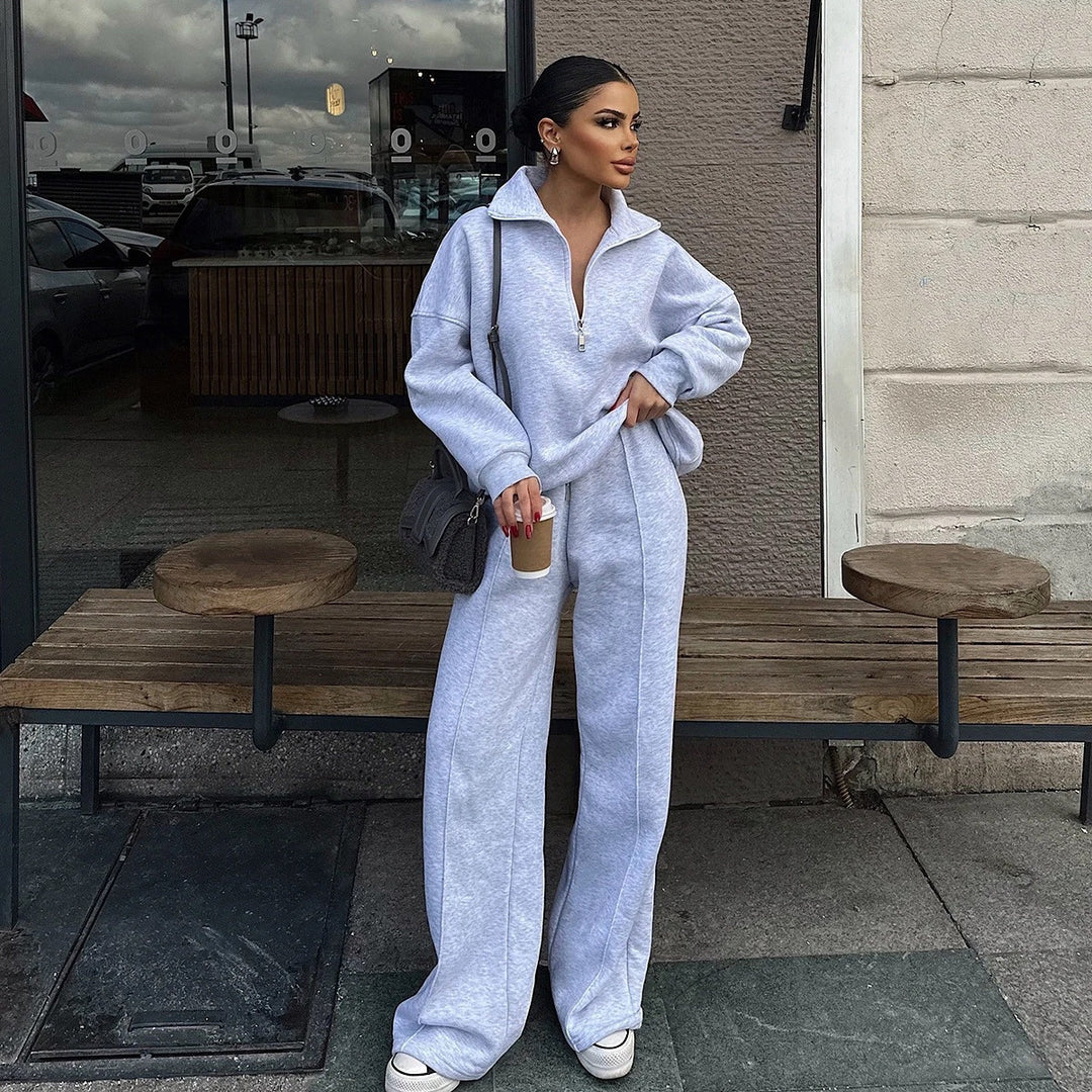 Damen Oversized Fleece-Lounge-Set mit Halb-Reißverschluss und weiten Jogginghosen Shop Nory
