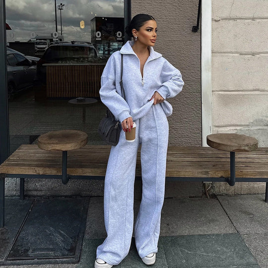 Damen Oversized Fleece-Lounge-Set mit Halb-Reißverschluss und weiten Jogginghosen Shop Nory