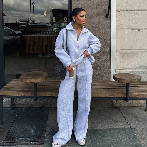 Damen Oversized Fleece-Lounge-Set mit Halb-Reißverschluss und weiten Jogginghosen Shop Nory