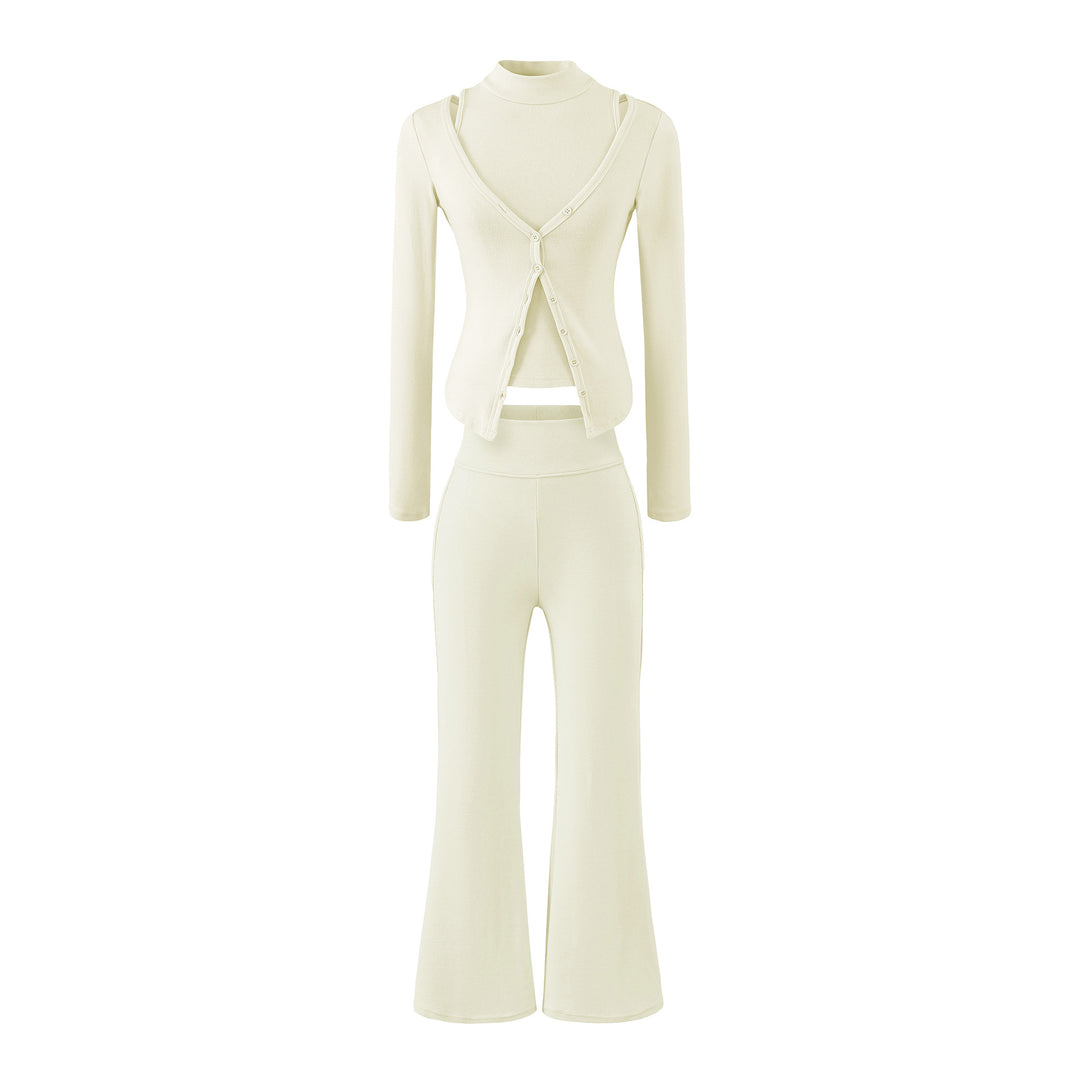 Damen Figurbetontes Layering-Set mit Rollkragen-Longsleeve und asymmetrischer Knopfjacke und ausgestellter High-Waist Hose Shop Nory