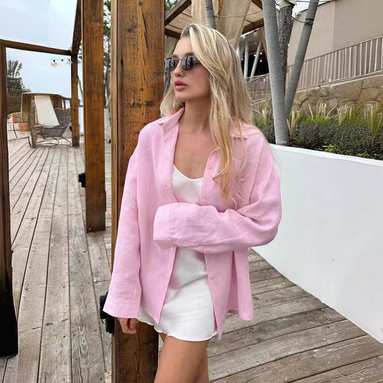 Damen Leinenhemd mit lässigem Schnitt und oversized Ärmeln