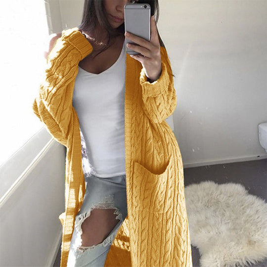 Damen Langer Oversize Zopfmuster-Strickcardigan mit Eingrifftaschen Shop Nory