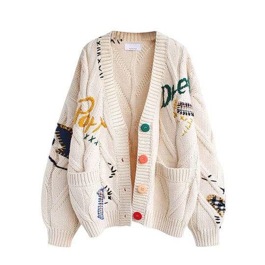 Damen Stylischer Strickcardigan mit bunten Knöpfen und aufwendigem Design