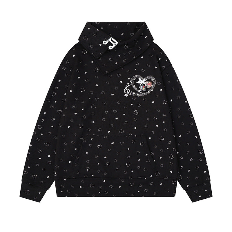 Damen Oversize-Sweatshirt mit asymmetrischem Stehkragen, Kängurutasche und musikalischer Herz-Stickerei Shop Nory