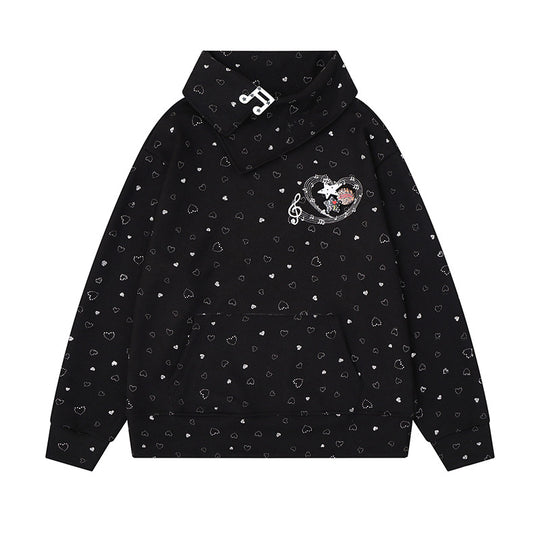 Damen Oversize-Sweatshirt mit asymmetrischem Stehkragen, Kängurutasche und musikalischer Herz-Stickerei Shop Nory