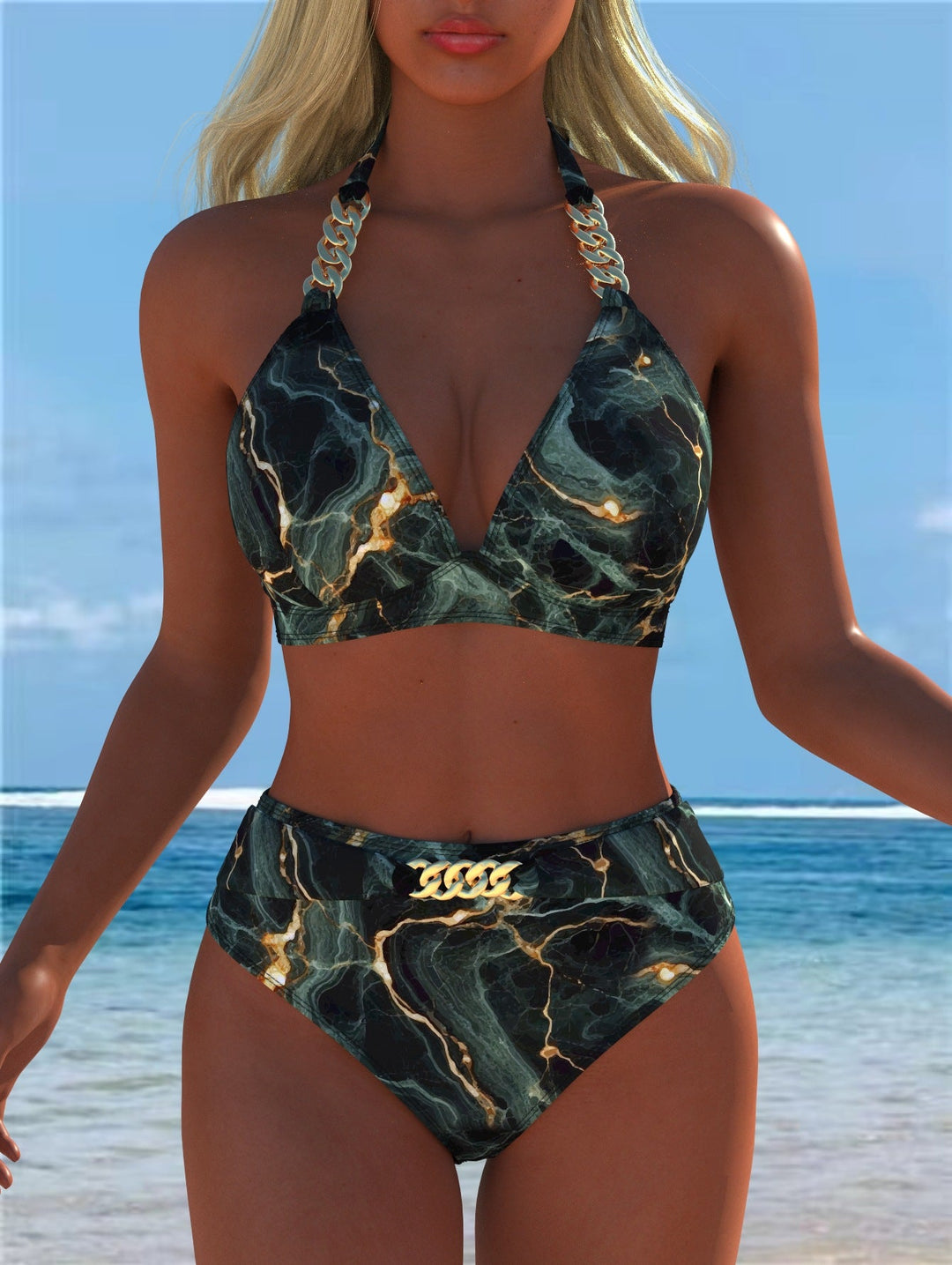Damen Bikini mit luxuriösem Marmormuster und edlen Details
