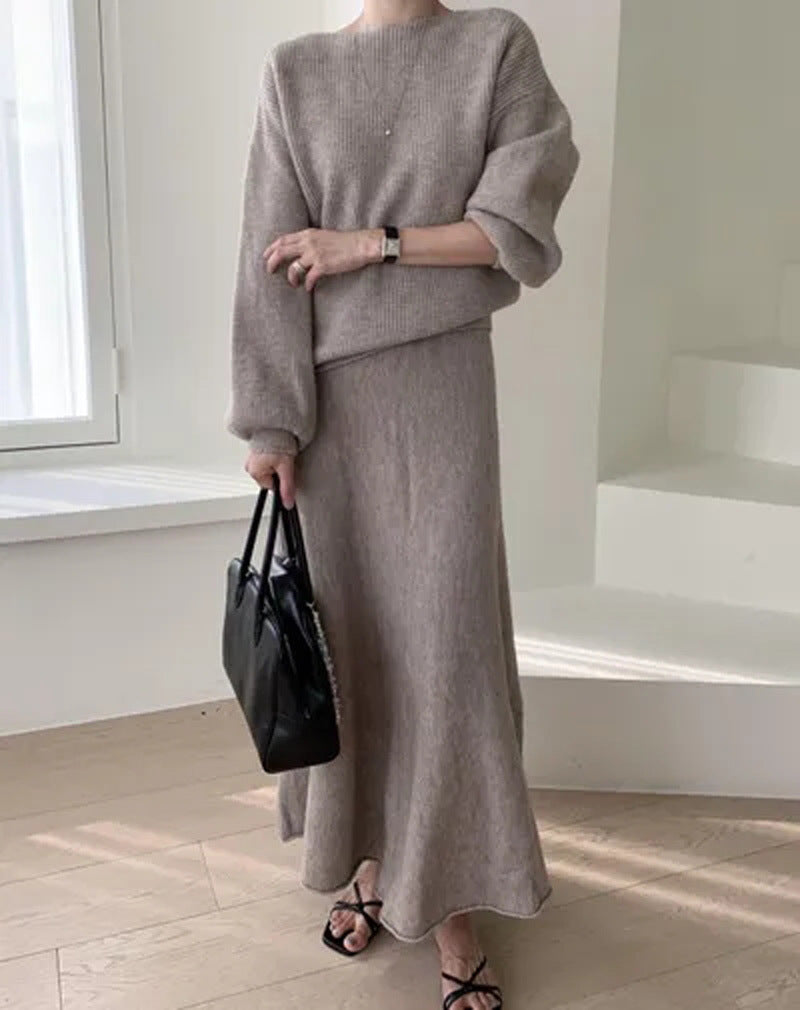 Damen Strick-Set aus Oversize-Ripp-Pullover und fließendem Maxirock Shop Nory