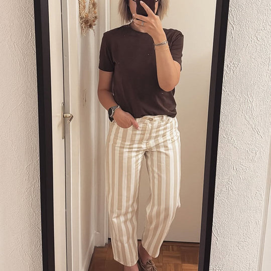 Damen Hochtaillierte gestreifte Leinenhose mit weitem Bein und Cropped-Länge Shop Nory