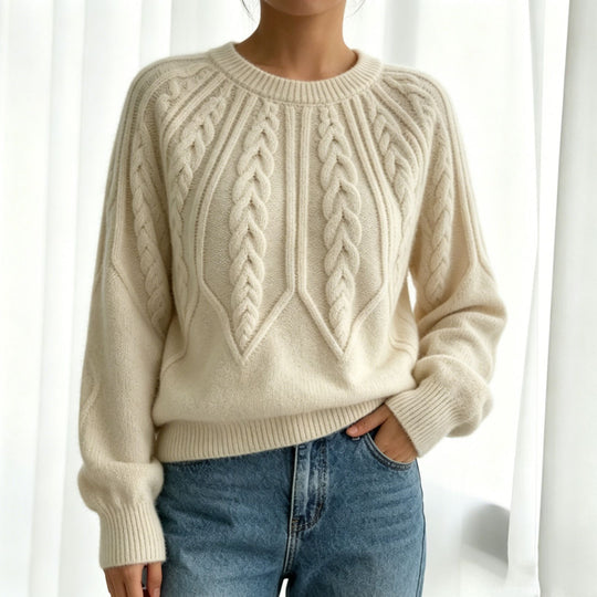 Damen kurzgeschnitteter Grobstrick-Zopfpullover mit Ballonärmeln Shop Nory