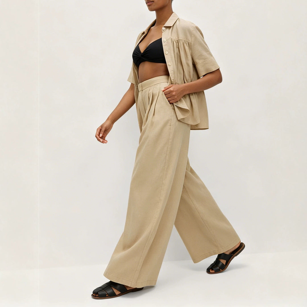 Damen Weite High‑Waist Leinenoptik Palazzo‑Hose mit Bundfalten und Eingrifftaschen Shop Nory