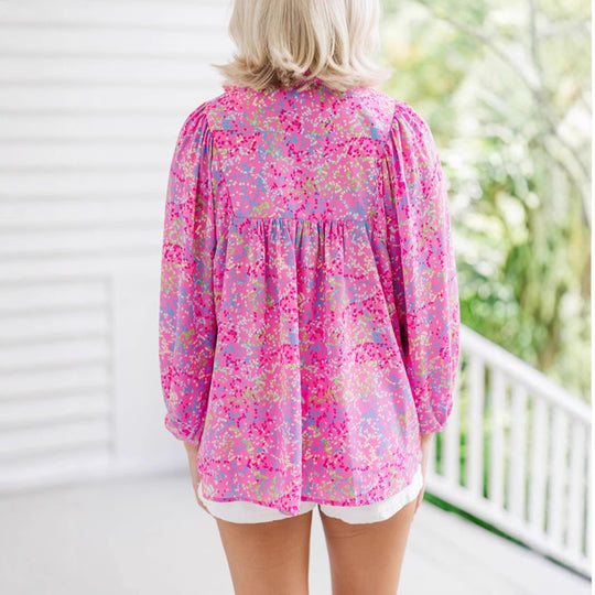 Damen Locker geschnittene Blumenbluse mit V-Ausschnitt und geraffter Passe Shop Nory