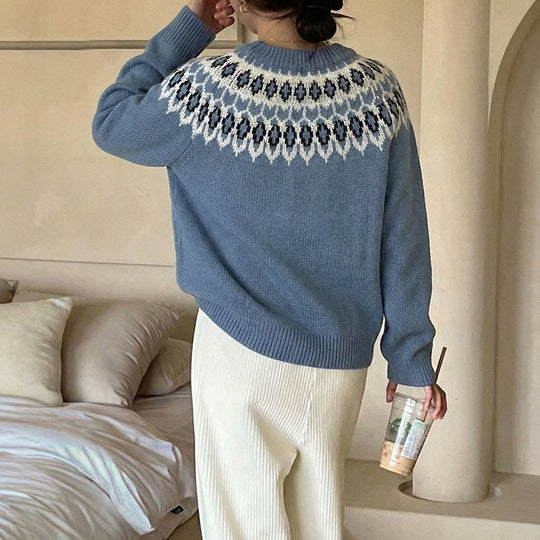 Damen Rundhals-Pullover mit Jacquard-Yoke und Relaxed-Fit Shop Nory