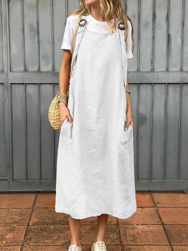 Damen lässiges Leinenkleid mit praktischen Taschen und verstellbaren Trägern