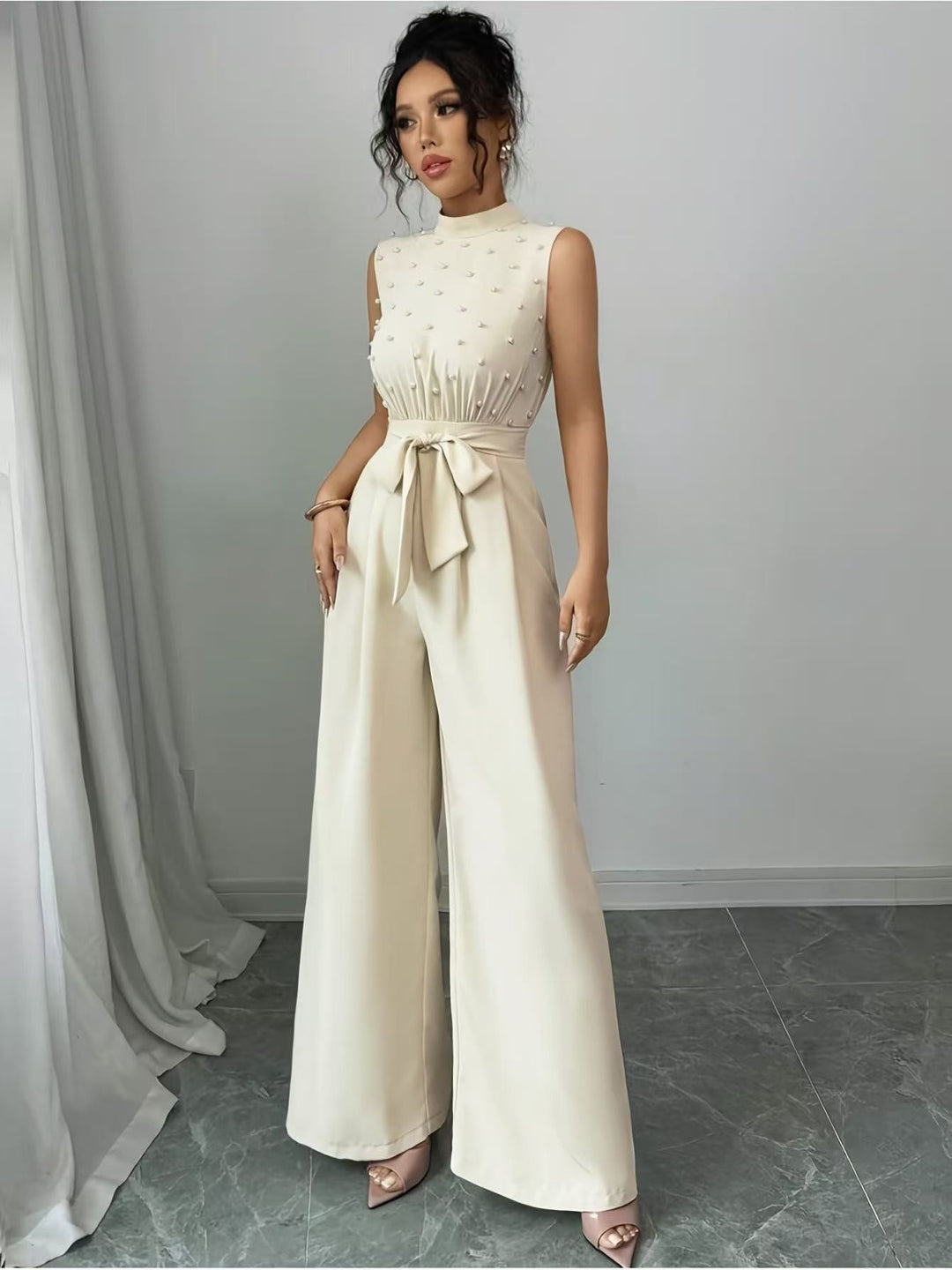 Damen Eleganter Jumpsuit mit Perlenbesatz, Stehkragen und weitem Palazzo-Bein Shop Nory