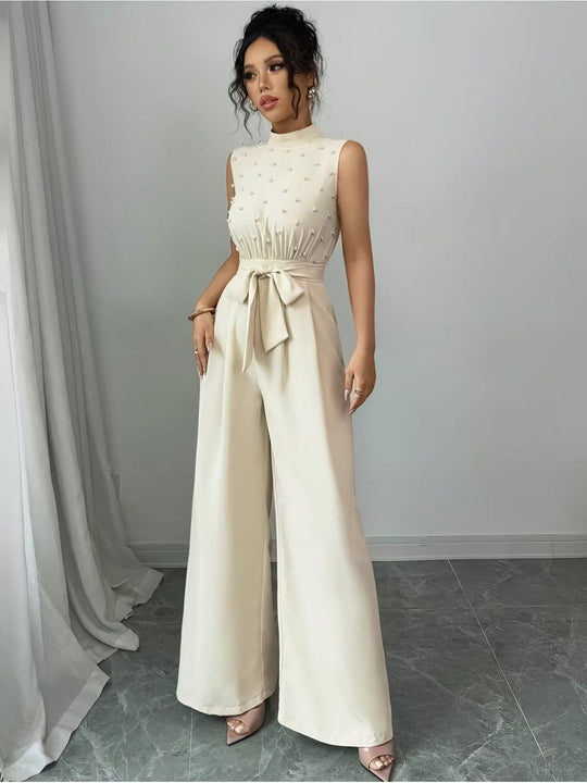 Damen Eleganter Jumpsuit mit Perlenbesatz, Stehkragen und weitem Palazzo-Bein Shop Nory