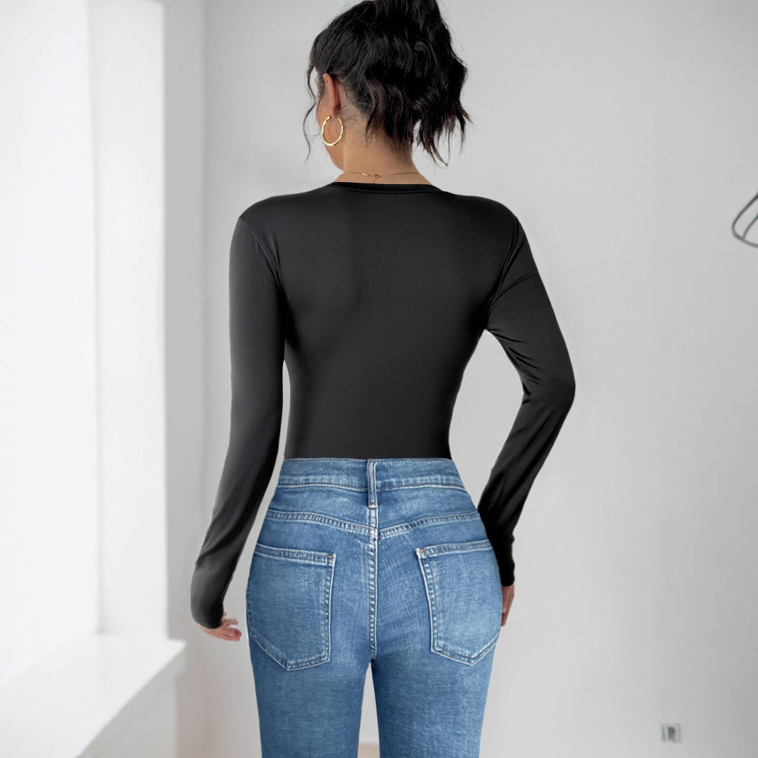 Damen Figurbetonter Langarm-Body mit dreidimensionalen Rosenapplikationen Shop Nory