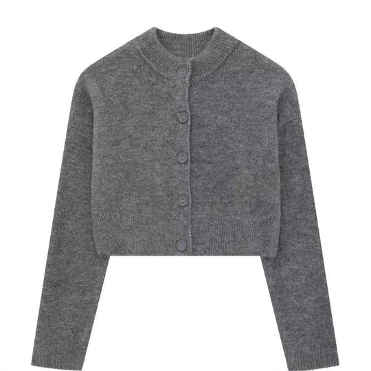 Damen Kurze Strickjacke mit Knopfleiste und Elegantem Rundhalsausschnitt Shopnory