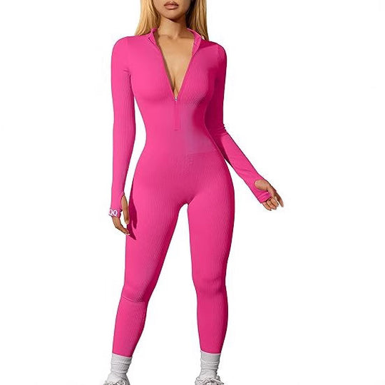 Damen nan figurbetonter Ripp-Jumpsuit mit hohem Halsausschnitt, langem Arm und sculptender Nahtführung Shop Nory
