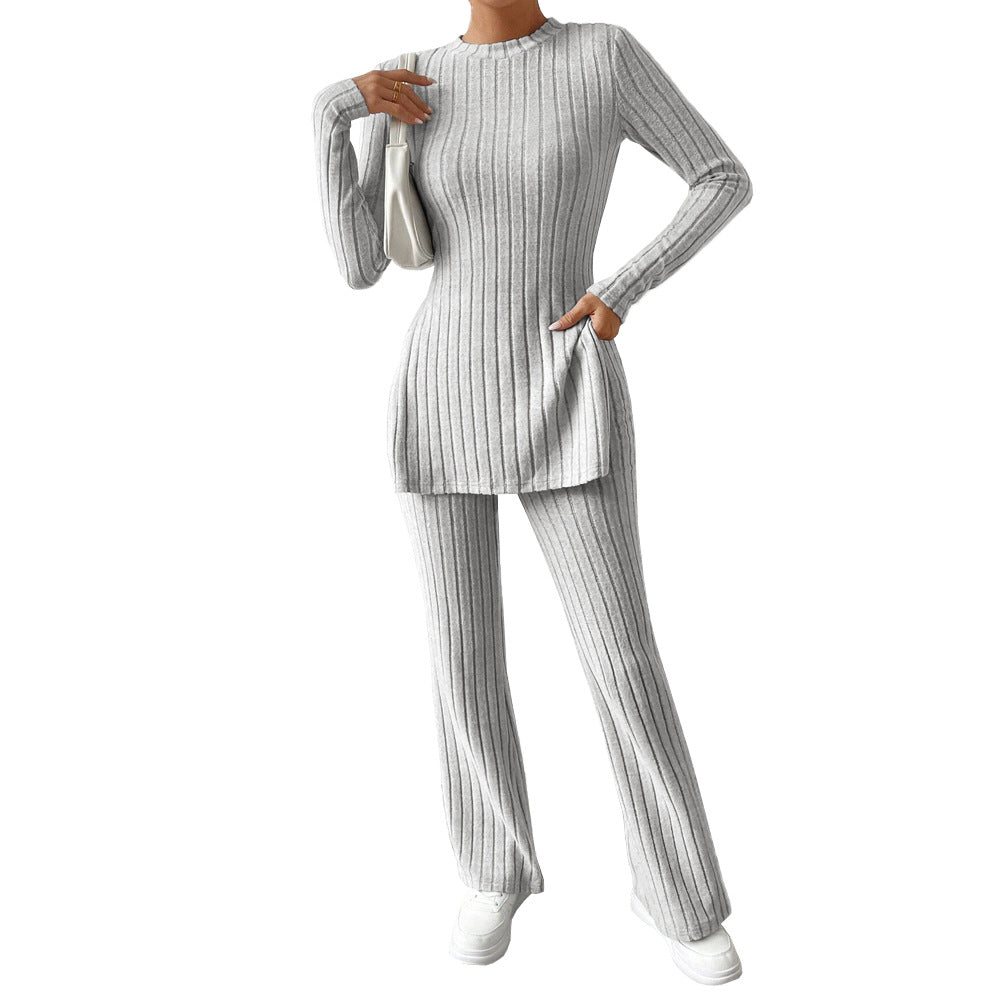 Damen geripptes Feinstrick-Lounge-Set mit seitlicher Saumschlitzen, figurbetontem Longsleeve und weitem Highwaist-Hose Shop Nory