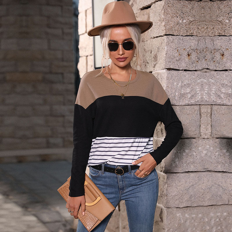 Damen Leichtes Rundhals‑Strickshirt mit Waffelstruktur‑Schulter und maritimem Streifenbund Shop Nory