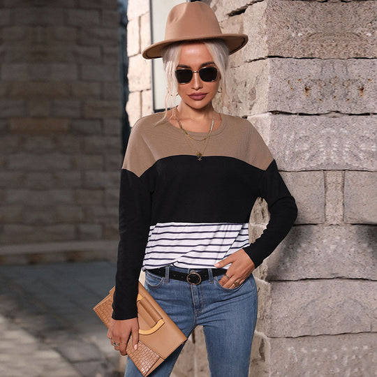 Damen Leichtes Rundhals‑Strickshirt mit Waffelstruktur‑Schulter und maritimem Streifenbund Shop Nory