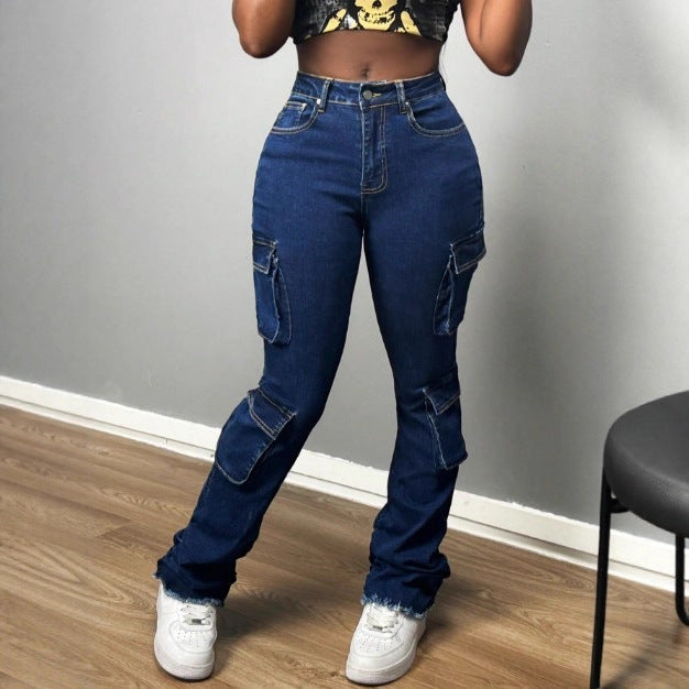 Damen Hochtaillierte Cargo-Jeans mit Mehrfach-Pattentaschen & ausgestelltem Saum Shop Nory